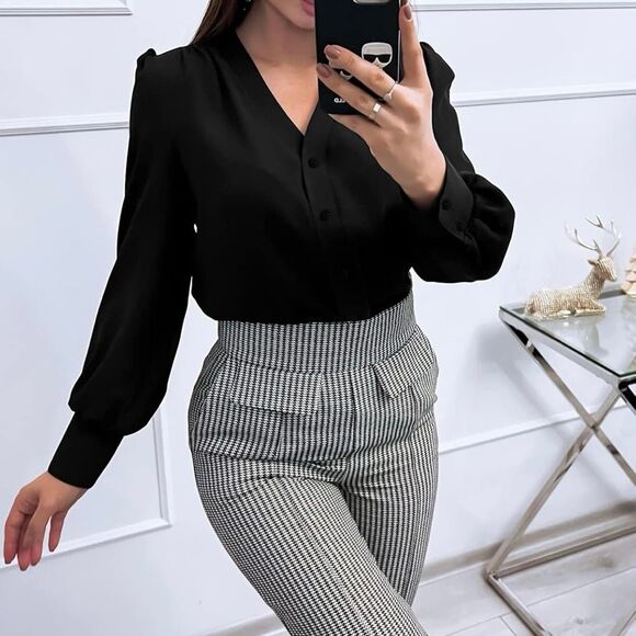 Women's Business Casual Long Sleeve Button Down Chiffon Blouse - Picture 3 of 5